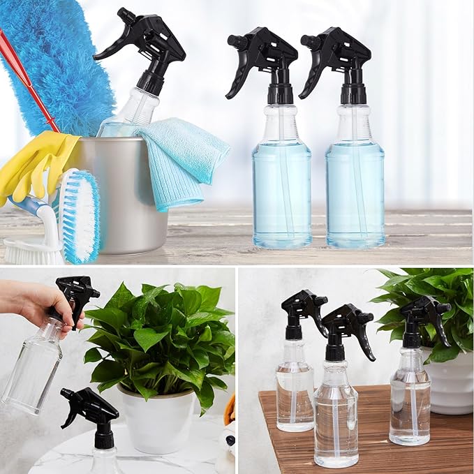 Eccliy 20 Pack 16oz Empty Spray Bottles, Leakproof Cleaning Bottles with Measurement and Adjustable Nozzle for Housekeeping, Commercial Use(Clear Cylinder,Black Spray Head)