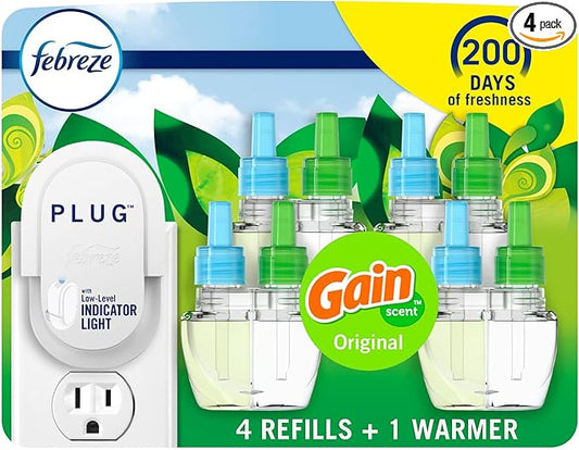 Febreze Plug In Air Freshener, Odor-Fighting Scented Oil Starter Kit, Air Fresheners for Home and Bathroom and Kitchen, Long Lasting for Strong Odors, Gain Original Scent, Warmer + 4 Refill