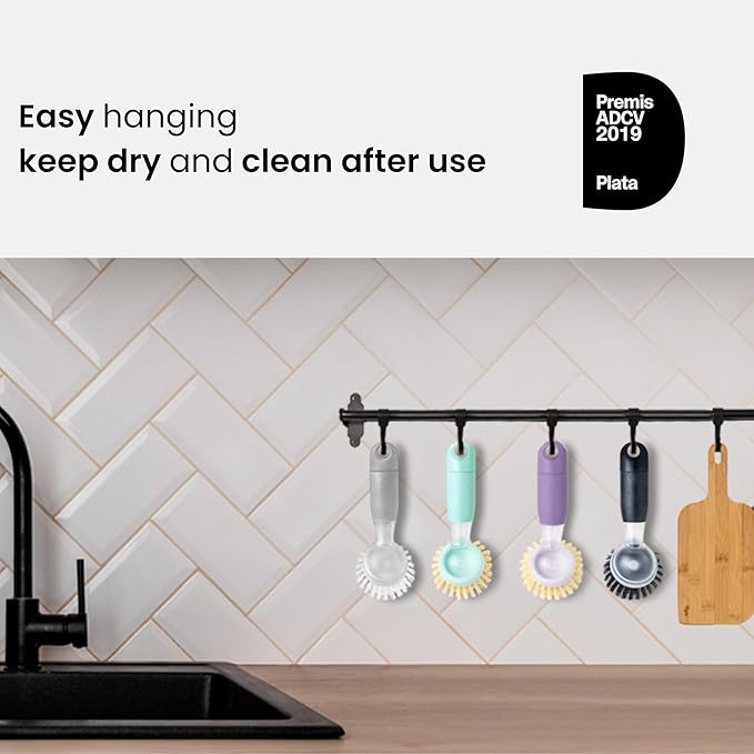 Vigar Rengo Soap Dispensing Dish Brush, Dish Brush with Soap Dispenser for Pot Scrubber, Dishes, Sink Cleaner, and Kitchen Essentials, Purple