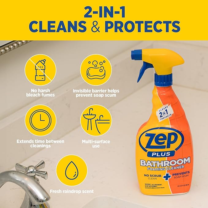 Zep Plus Bathroom Foaming Cleaner - 32 OZ (Case of 12) - R54012 - Keep Your Bathroom Clean + Protect From Future Soap Scum Buildup