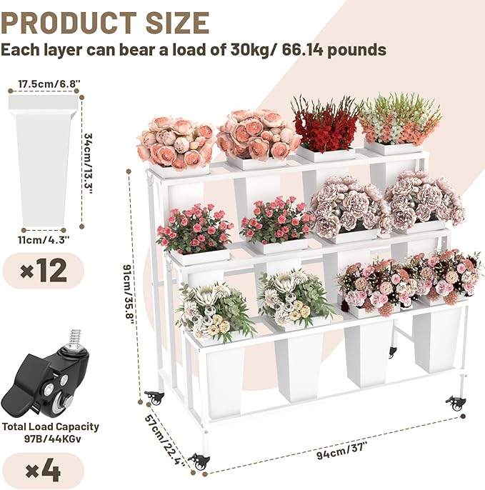 Flower Cart Display Stand with Buckets & Wheels – 3-Tier Mobile Flower Bar Cart for Shops, Weddings, Garden, and Home – Includes 12 Buckets & 4 Hooks