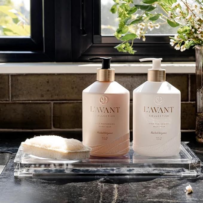 L'AVANT Collective Luxury Home Essentials Bundle High Performing Dish Soap, Hand Soap, Multipurpose Cleaner Spray, Scrub Brush, Lucite Tray Luxurious Ingredients Reusable Bottles (Blushed Bergamot)