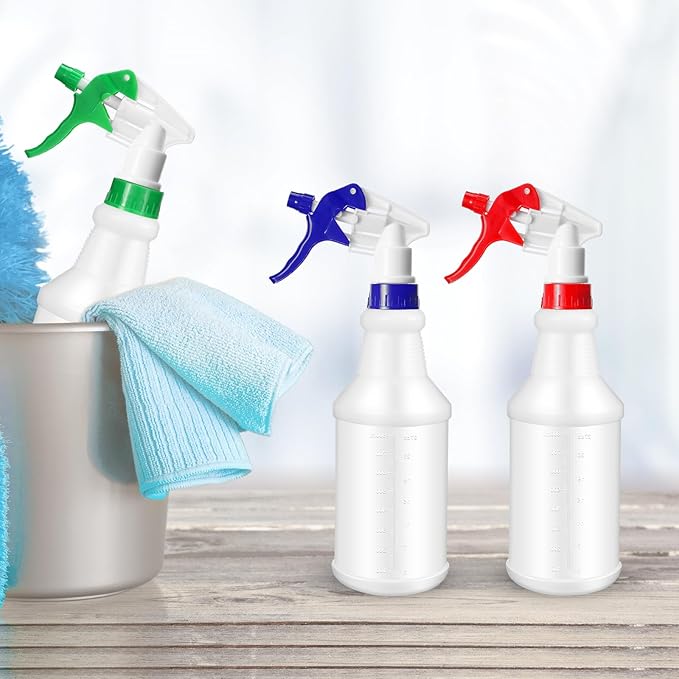 Zubebe 24 Pack 32 oz Plastic Spray Bottle Bulk Empty Leakproof Heavy Duty Spray Bottles for Cleaning Supplies Mist Bottles with Label and Adjustable Nozzle for Plant(Blue, Red, Green,Clear Scale)