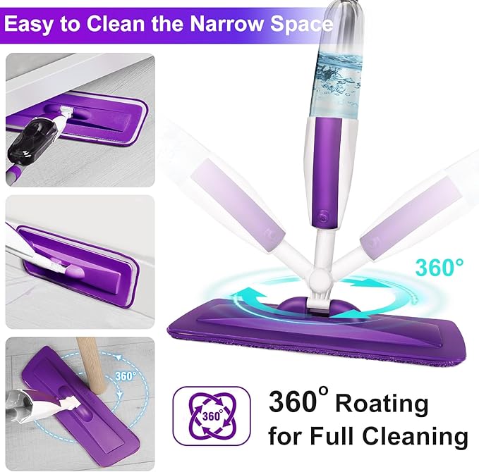 Spray Mops for Floor Cleaning Floor Mop with a Refillable Spray Bottle and 3 Washable Microfiber Pads Home or Commercial Use Dry Wet Flat Mop for Hardwood Laminate Wood (Pure Purple)
