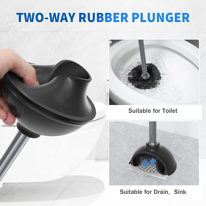 Toilet Plunger and Brush, Bowl Brush and Heavy Duty Toilet Plunger Set with Ventilated Holder, 2-in-1 Toilet Brush and Plunger Combo for 5.3-inch Toilet Drain Bathroom Cleaning (Gray, 1 Set)