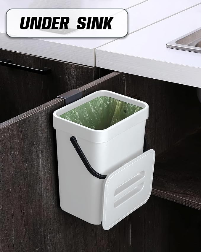 Indoor Compost Bin - 1.3 Gallons Hanging Small Trash Can with Lid for Kitchen Bathroom, Under Sink Kitchen Trash Can, Indoor Counter Compost Bucket with Lid, 5L(White)