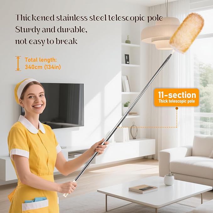 Extendable Lambswool Duster Stainless Steel Handle 133" Removable Feather Duster for Cleaning Ceiling Fans Interior Roof Furniture, Yellow