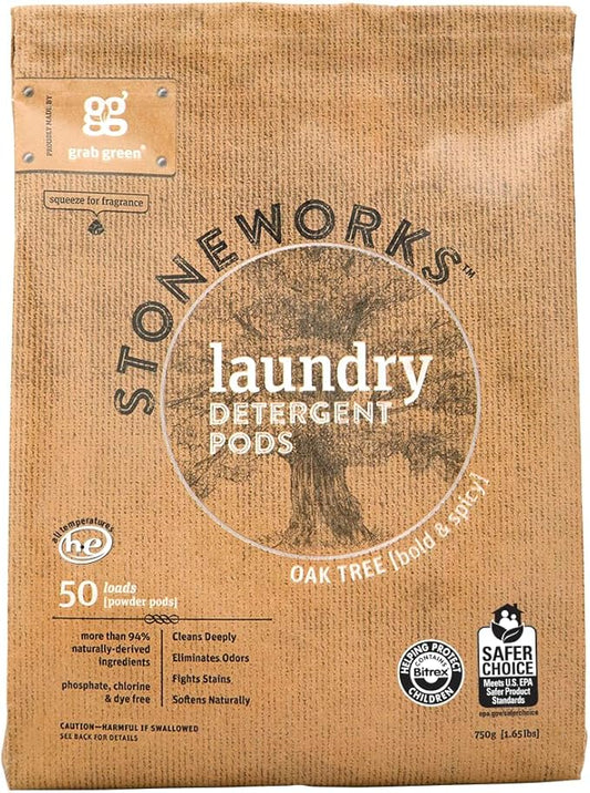 Grab Green Stoneworks Natural Laundry Detergent Powder Pods, Oak Tree, 50 Loads