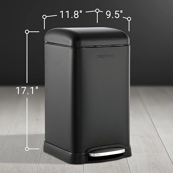 happimess HPM1012B Betty Retro Mini 3.2-Gallon Step-Open Trash Can with Soft-Close Lid, Modern, Minimalistic, Fingerprint Proof for Home, Kitchen, Laundry Room, Office, Bedroom, Bathroom, Black