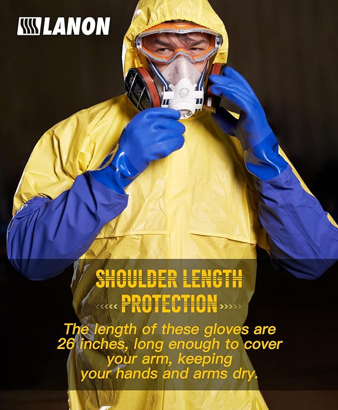 LANON 2 Pairs 26" Elbow Length PVC Chemical Resistant Gloves, Heavy-Duty Long Rubber Gloves, Acid, Alkali & Oil Protection, Large
