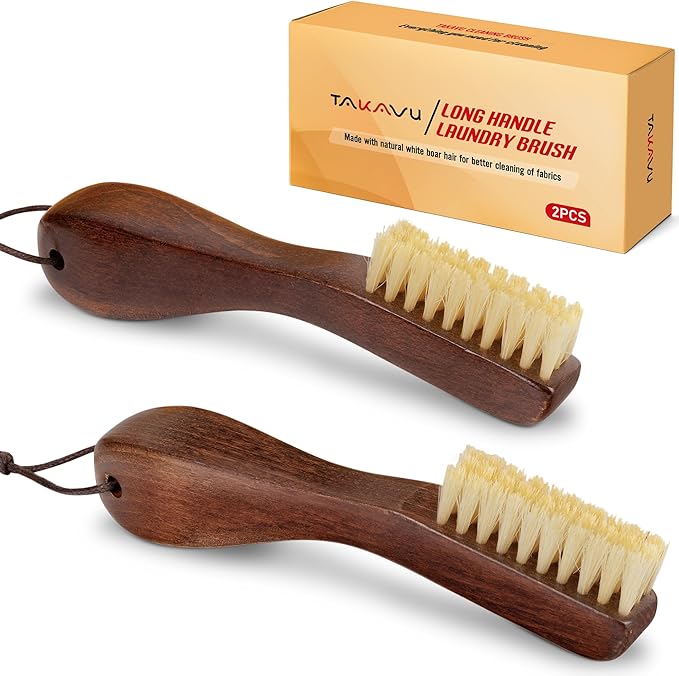 TAKAVU Laundry Stain Brush Set of 2 – Clothes Cleaning Brushes with Natural Boar Bristles & Wooden Handle – Fabric Care Scrubbing Brush for Stain Removal, Shoes, Upholstery & Garment Care