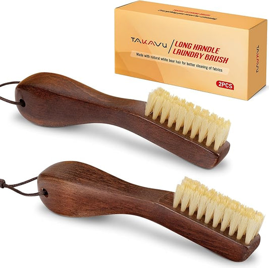 TAKAVU Laundry Stain Brush Set of 2 – Clothes Cleaning Brushes with Natural Boar Bristles & Wooden Handle – Fabric Care Scrubbing Brush for Stain Removal, Shoes, Upholstery & Garment Care