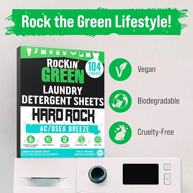 Rockin' Green Hard Rock Travel Laundry Detergent Sheets for Hard Water - Mess-Free Laundry Sheet Detergent with Sodium Bicarbonate - Easily Dissolvable Laundry Soap Sheets (104 Loads, AC/DSea Breeze)