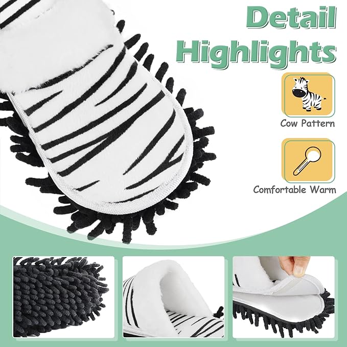 Microfiber Floor Mop Slippers House Dust Cleaning Tool Detachable Washable Shoes for Kitchen House Cleaning (Women 7-10/Men 5-8, Zebra pattern)