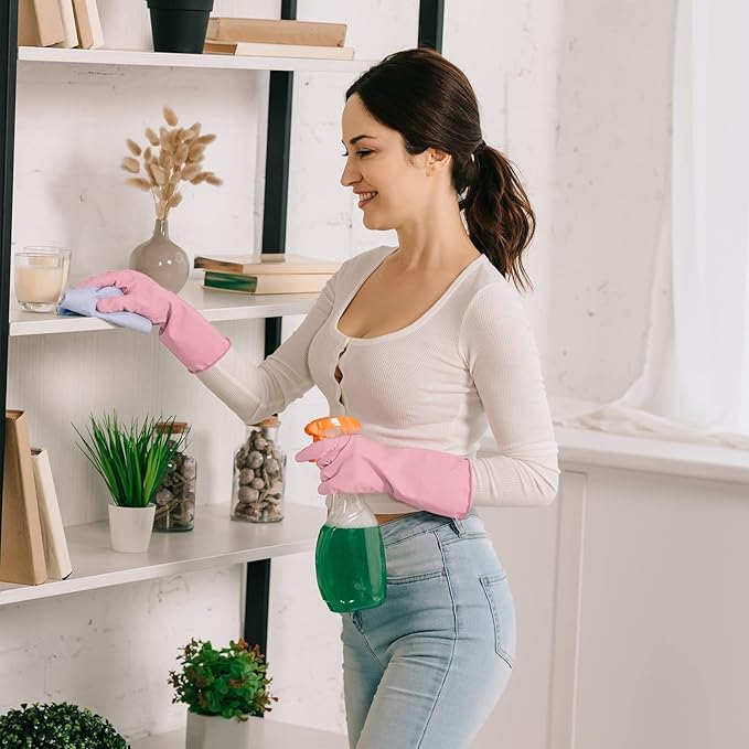 3 Pairs Rubber Cleaning Gloves Latex Free Dishwashing Gloves - 13" Reusable Nitrile Gloves Medium, Orange+Pink+Red