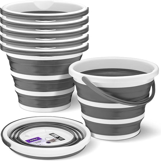 Superio Collapsible Bucket 2 Gallon Bucket with Handle Grey Car Wash Bucket Small Foldable Silicone Pail for Camping, Fishing, Cleaning, Mopping, 10 Liter, 6