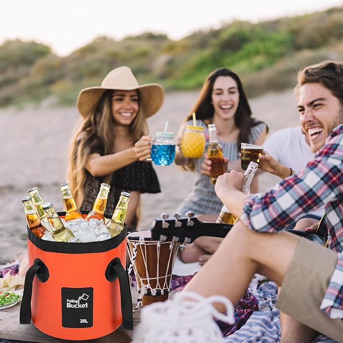 3 Pcs 20L (5-Gallon) Collapsible Bucket Set – Portable Foldable Water Container with Handle for Camping, Hiking, Fishing, Car Washing (Black, Orange, Blue)