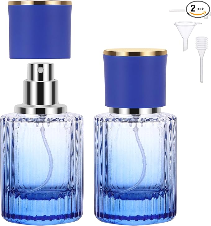 Segbeauty 1oz Glass Perfume Bottle Empty, 30ml Vintage Refillable Travel Spray Bottle, Pack of 2 Blue Perfume Atomizer, Large Travel Cologne Sprayer Cologne Spray Bottle for Dispensing Fragrance