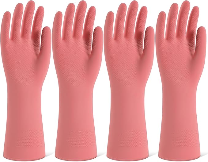 Rubber Cleaning Gloves for Dishwashing, 4 Pairs Reusable Kitchen Gloves for Washing Dishes and Household Cleaning, Pink Dish Gloves with Flocked Lining and Non-Slip Grip, Pefect for Woman Men - S