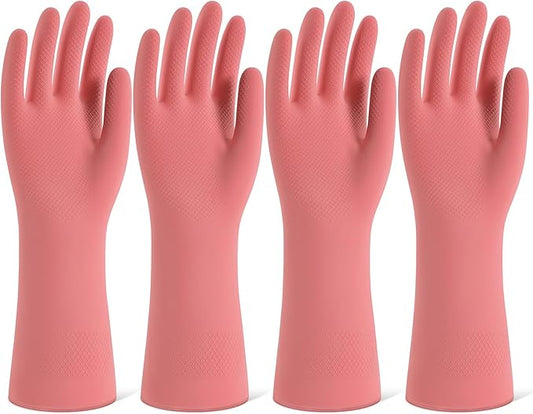 Rubber Cleaning Gloves for Dishwashing, 4 Pairs Reusable Kitchen Gloves for Washing Dishes and Household Cleaning, Pink Dish Gloves with Flocked Lining and Non-Slip Grip, Pefect for Woman Men - S