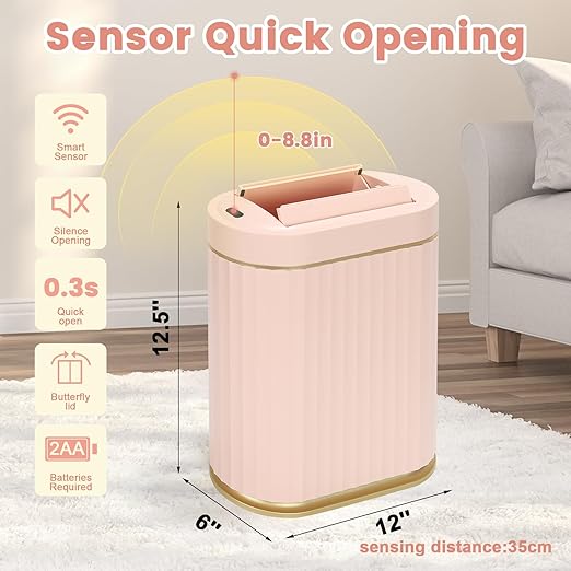 ELPHECO Bathroom Trash Can with Lid Butterfly, Motion Sensor Trash Can Bathroom Decor Automatic Garbage Can Wastebasket Bathroom Accessories, Kitchen, Living Room, Office, Pink Gold