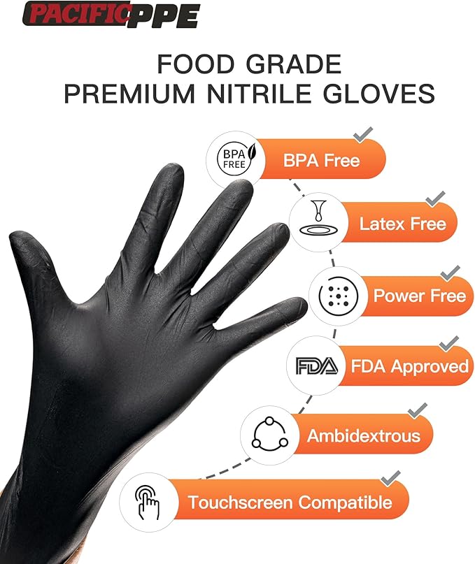 PACIFIC PPE Black Nitrile Disposable Gloves, 6 Mil, Food-Safe, Cooking & Cleaning, Powder-Free, Heavy-Duty, Textured Fingertips, 100 Count, XL