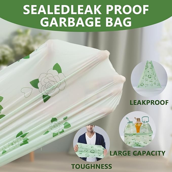 VOK 8 Gallon Trash Bags Drawstring, Medium Trash Bags for Office, Kitchen, Bedroom Trash Cans, Colored Portable Sturdy Garbage Bags 8 Gallon with Camellia Flower Scent, 60 Counts