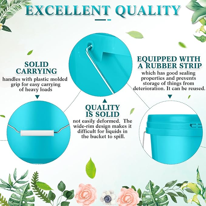 6 Pack 2 Gallon Plastic Bucket with Lid Heavy Duty Pail with Metal Handle Reusable Small Multipurpose Paint Buckets Container for Food Storage(Sky Blue)