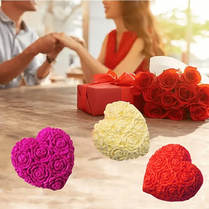 3-Cavity Heart Rose Flower Silicone Soap Mold Fondant Mold for Cake Decoration, Chocolate,Candle, Bath Bomb, Lotion Bar