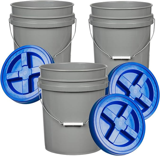House Naturals 5 Gallon Food Grade BPA Free Made in USA Pails Gray Bucket with Screw On Air Tight Lid (3, Gray with Blue lids)