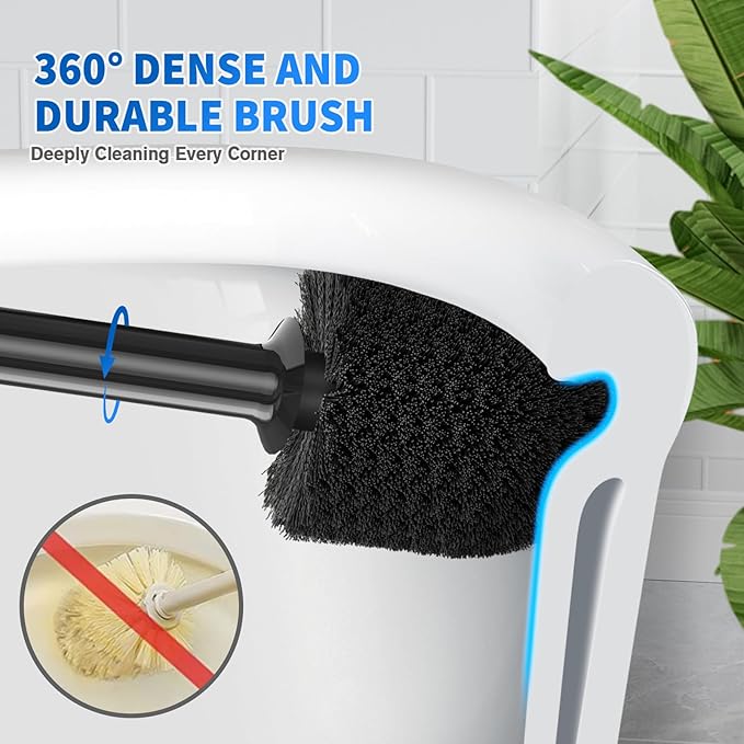 Toilet Plunger and Brush, Bowl Brush and Heavy Duty Toilet Plunger Set with Ventilated Holder, 2-in-1 Toilet Brush and Plunger Combo for 5.3-inch Toilet Drain Bathroom Cleaning (Black)