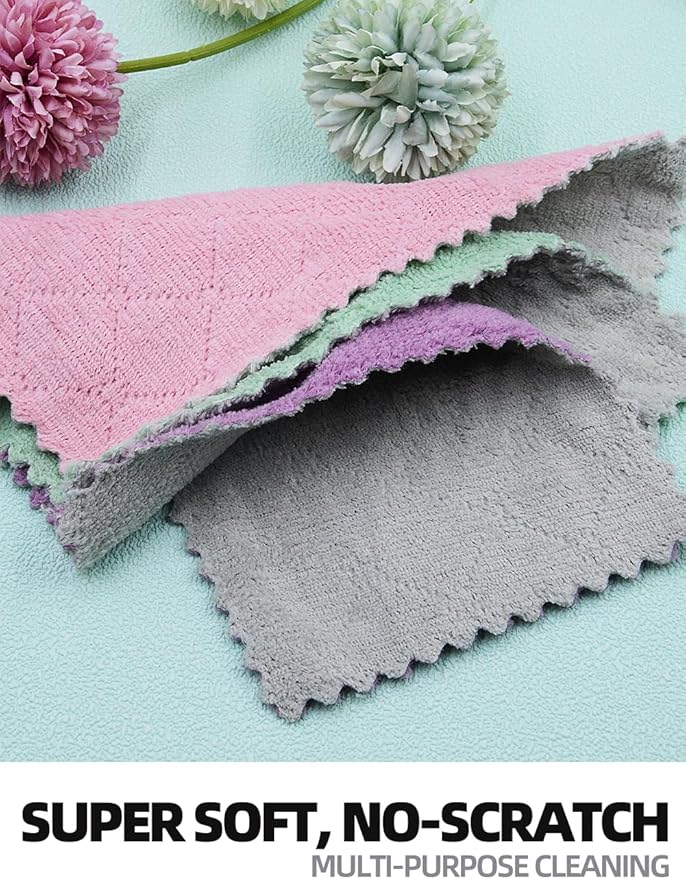 24PCS Kitchen Dishcloth, Microfiber Washcloth, Soft Cleaning Cloths, Coral Fleece/Lint Free/Absorbent/Quick Dry/Nonstick Oil Rags, Reusable Washable Tea Towel, 6''x10''(Purple)