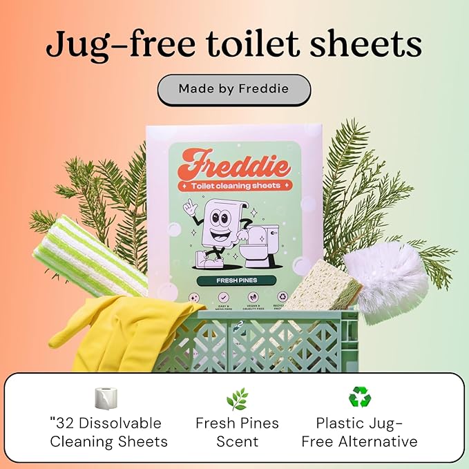 Freddie Toilet Cleaner Sheets - Fresh Pines Scent - Plastic Jug-Free Alternative to Liquid Cleaners - 32 Dissolvable Cleaning Strips