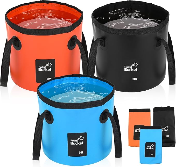 3 PCS 5 Gallon Collapsible Water Bucket, 20L Foldable PVC Bucket with Handles Multiple Use Portable Fold up Lightweight Container Portable Folding Buckets for Camping Fishing Outdoor