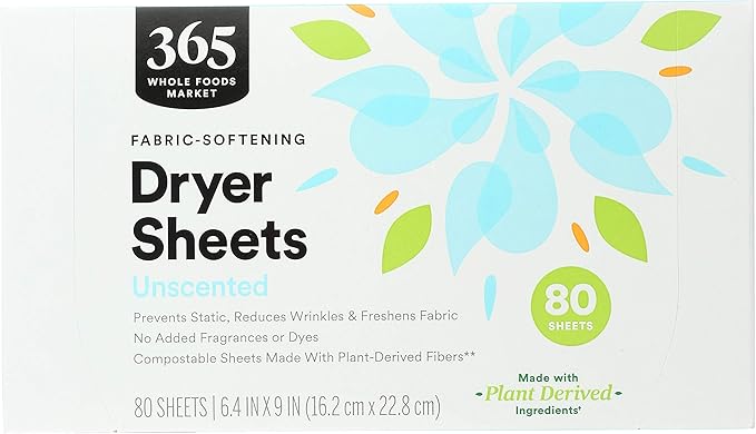 365 by Whole Foods Market, Dryer Sheets Fabric Softener Unscented, 80 Count (Pack of 2)