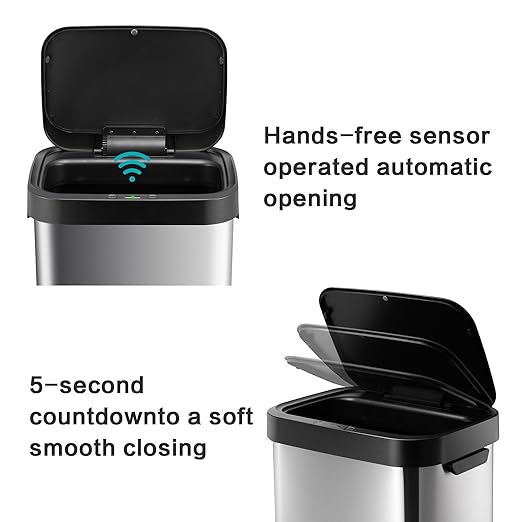 10.5 Gal Stainless Steel Touchless Sensor Trash Can with, Wide Rectangular Design, Brushed Finish – Automatic Lid, Raised Legs (Silver)