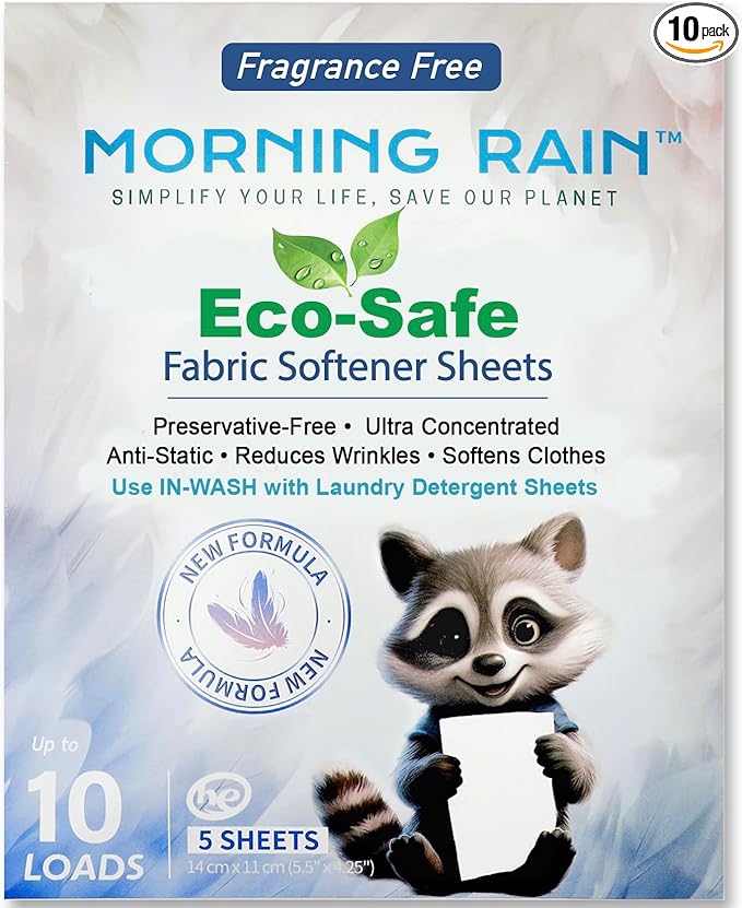 MorningRain Eco Fabric Softener Sheets for Washing Machine - Fragrance-Free, Preservative-Free, Ultra-Concentrated - 5 Sheets for Up to 10 Loads, Anti-Static, Reduces Wrinkles, Softens Clothes