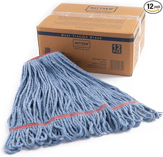 Matthew Cleaning 24oz Heavy Duty Mop Head Commercial Replacement for General and Floor Cleaning, Wet Industrial Blue Cotton Looped End String Head Refill (Case of 12) Blue