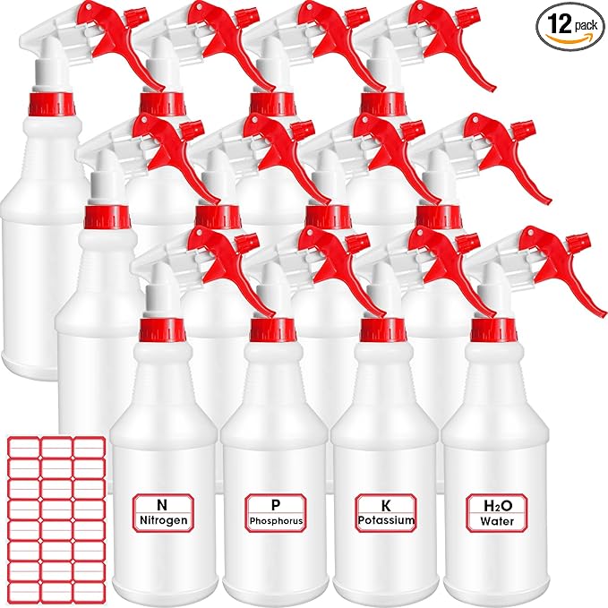 Gerrii 12 Pcs Plastic Spray Bottles with Adjustable Nozzle and Label for Cleaning 24 oz Anti Leak HDPE Spraying Bottles Empty Water Squirt Bottle (Red)