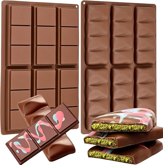 Chocolate Molds, 2 Pack Deep Silicone Chocolate Bar Molds, Non-Stick Chocolate Molds for Dubai Pistachio Stuffed Knafeh Bars, Energy Protein, Wax Melts, Homemade Candy Snacks, 2 Style
