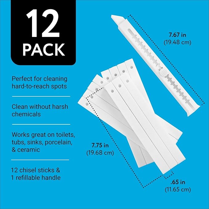 IMPRESA 12 Pack Pumice Chisel Sticks - Secure Refillable Scouring Stick Handle - Thin Cleaning Stone for Tight Spaces - Pumice Stone Toilet Bowl Cleaner & Stovetop Cleaner - White & Red