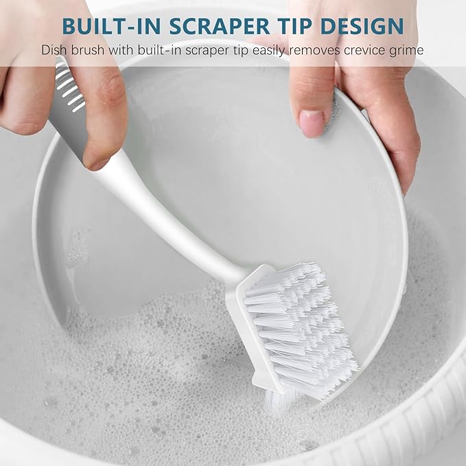 SetSail Dish Brush Set of 3 Piece, Dish Scrub Brush with Long Handle Deep Cleaning Brush with Scraper Tip for Kitchen Dishes Bottle Cup Pot Pan, Grey