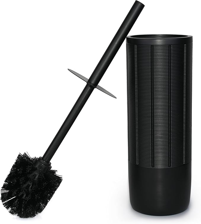 Matte Black Ribbed Design Resin Toilet Bowl Holder and Brush Set, Durable Bathroom Cleaning Tool with Ergonomic Handle and Efficient Bristles, Stylish and Compact Design