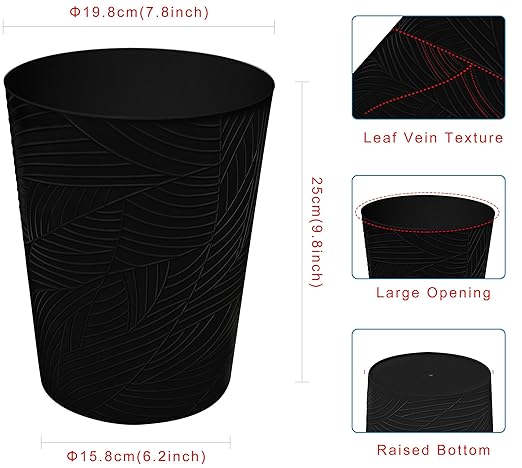 1.8 Gallons Small Trash Can, Decorative Wastebasket, Modern Leaf Pattern Design, Polypropylene Trash Can for Bathroom, Bedroom, Office (2, Black)