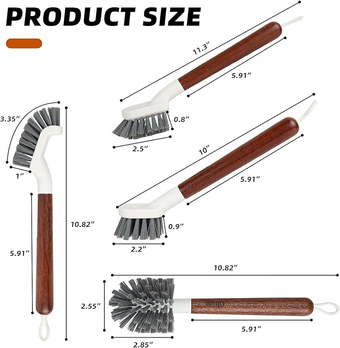 4-Pack Heavy Duty Scrub Brushes with 11" Sapele Wood Handle – PBT Bristles & TPR Loop – Kitchen, Bathroom, Grout, Dish & Tile Cleaner – Durable Non-Slip Multi-Surface Cleaning Brush Set