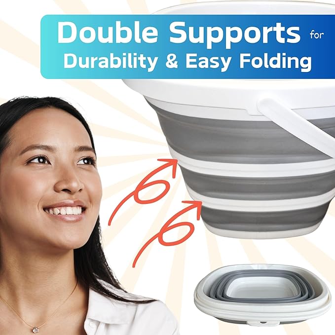 Collapsible Bucket 10L (2.6 Gallon) – BPA-Free Folding Silicone with Handle, Spout & Hook | Compact, Space-Saving for Mop, Cleaning, Car Wash, Camping, Beach, and Outdoor Use (Grey)