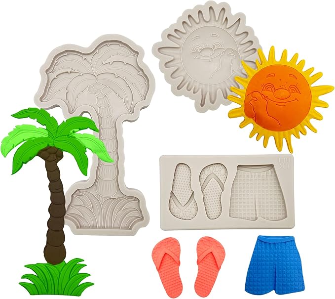 3 Pcs Hawaiian Coconut Tree Fondant Molds, Seaside Beach Sun Silicone Molds, Slipper Surf Shorts Clay Mold for Cake Decorating, Candy Chocolate Marzipan Resin Crafts, Summer Party, Halloween