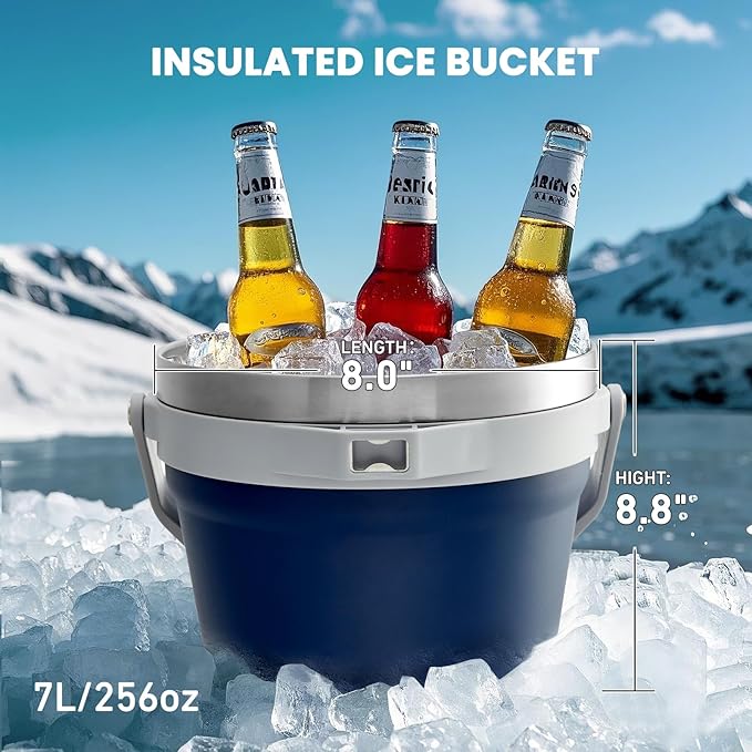 COKTIK 7L Insulated Ice Bucket with Lid，Double Wall Vacuum Stainless Steel Beverage Bucket Keeps Frozen Longer，Holds 6 Longnecks or 3 Bottles of Wine，for Cocktail, Champagne, Large Parties(Navy)