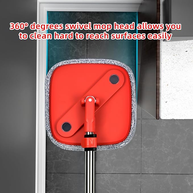 Spin Mop and Bucket Set with Separation Dirty and Clean Water System, Self Wringing 360° Rotating Clean Mop-Head and Bucket Set for Hardwood Tile Marble Floor with 6Pads-Black+Red