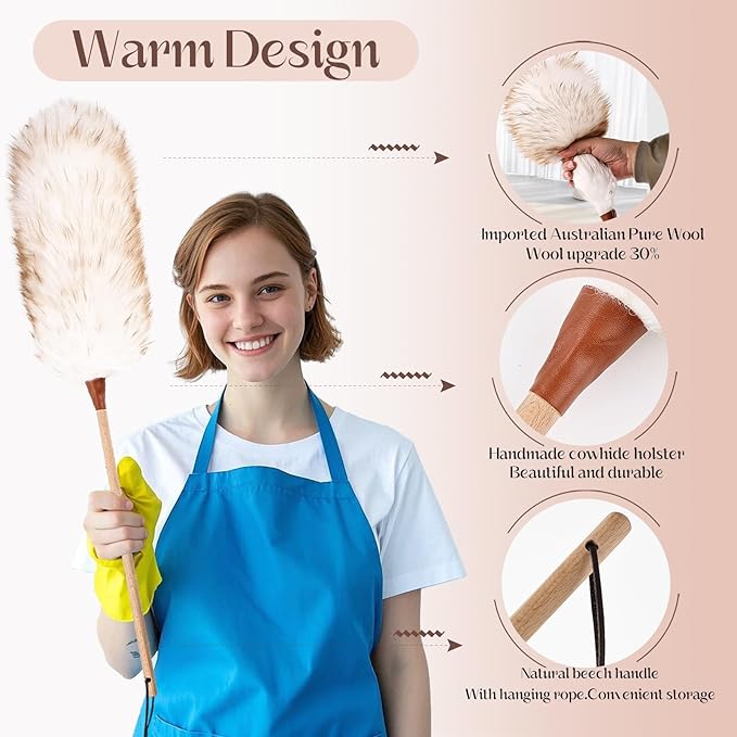 THARAHT Lamb Wool Duster Fluffy Long Handle Reusable for Cleaning Ceiling Fan,Pendant lamp, High Ceiling, Blinds, Furniture Feather Duster
